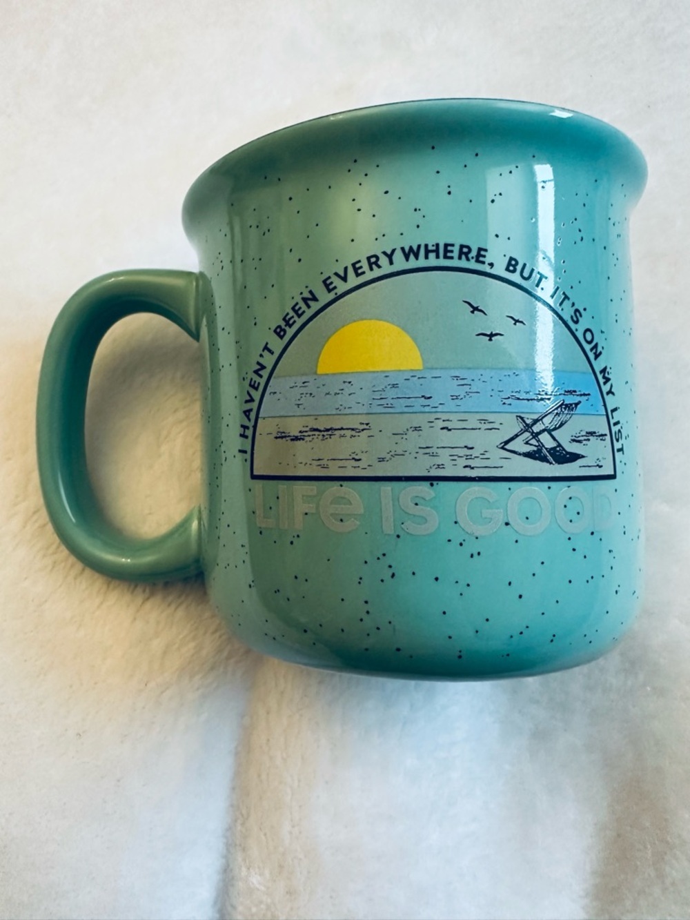 Life Is Good Teal Speckled Ceramic Mug with Sunset Beach Graphic